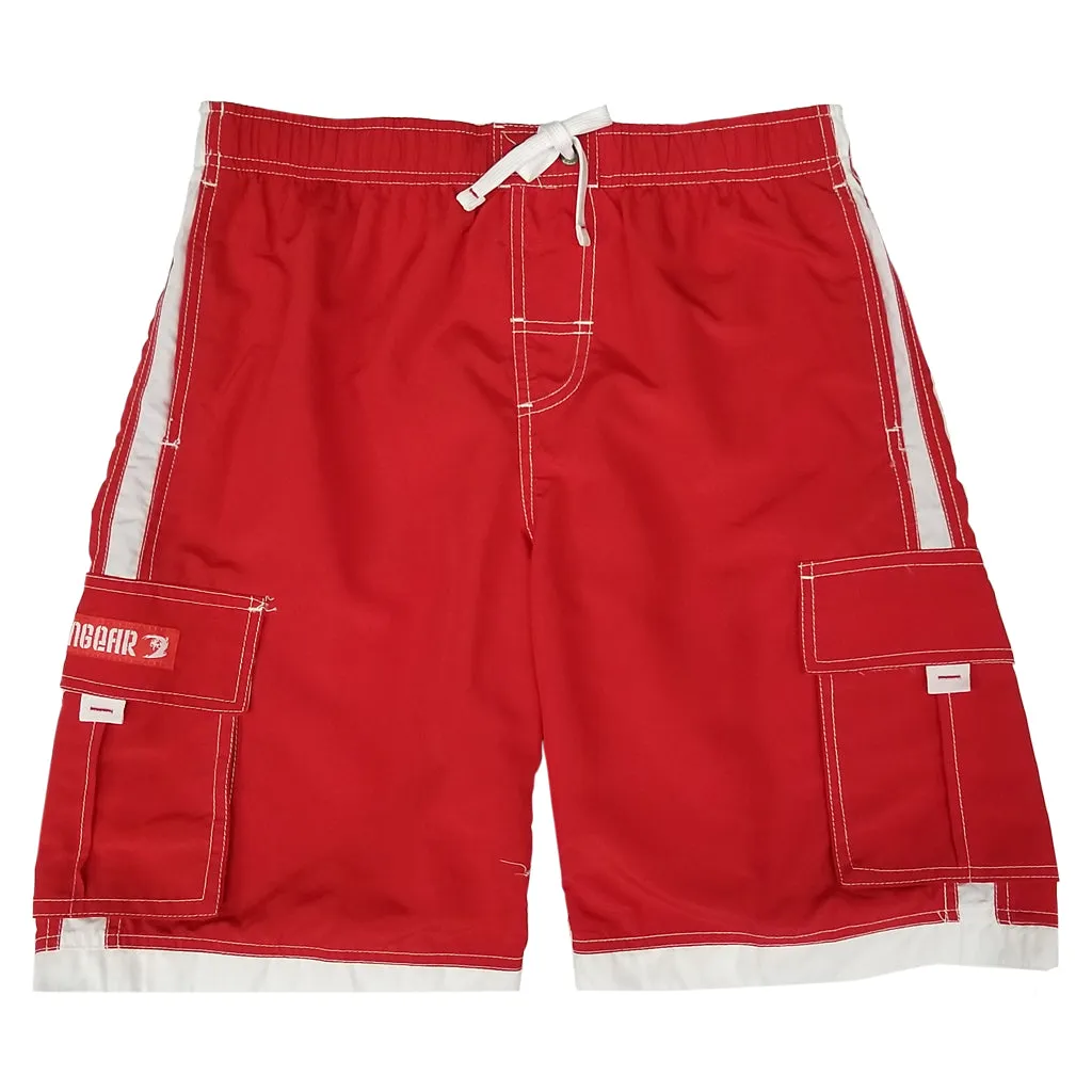 Boys' cargo shorts the longer swim trunks in solid colors and white detail