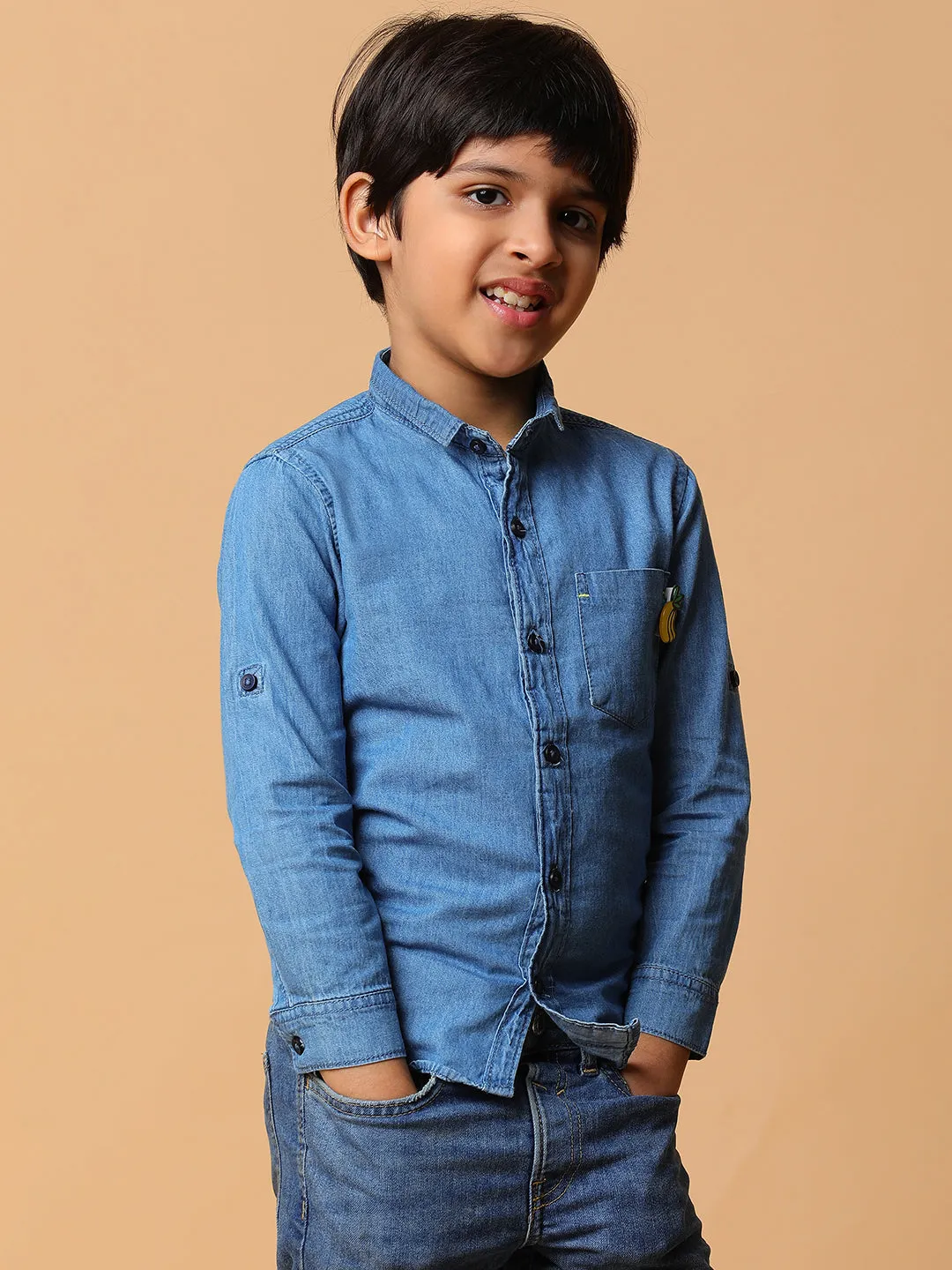 Boys Solid Light Blue Cotton Regular Fit Full Sleeve Shirt