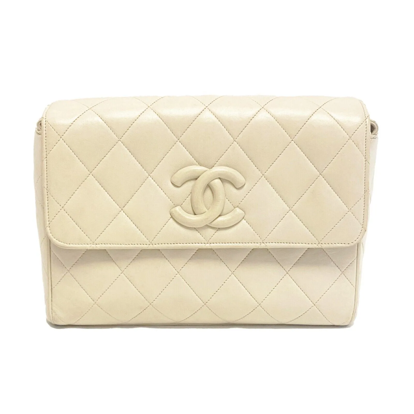 CHANEL - CC Quilted Leather Flap - Ecru/ Gold-tone - Shoulder Bag/ Crossbody