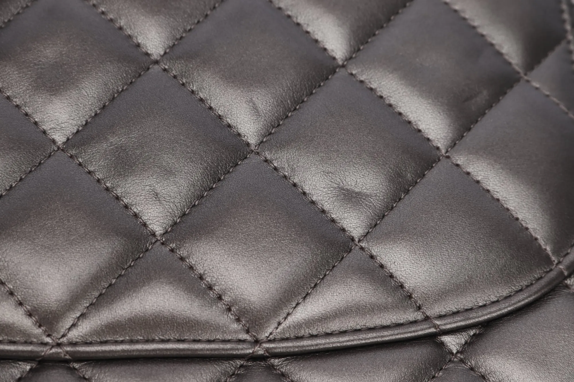 Chanel Classic Flap (1879xxxx) Jumbo Size, Metallic Grey Lambskin, Silver Hardware, with Dust Cover & Box, no Card