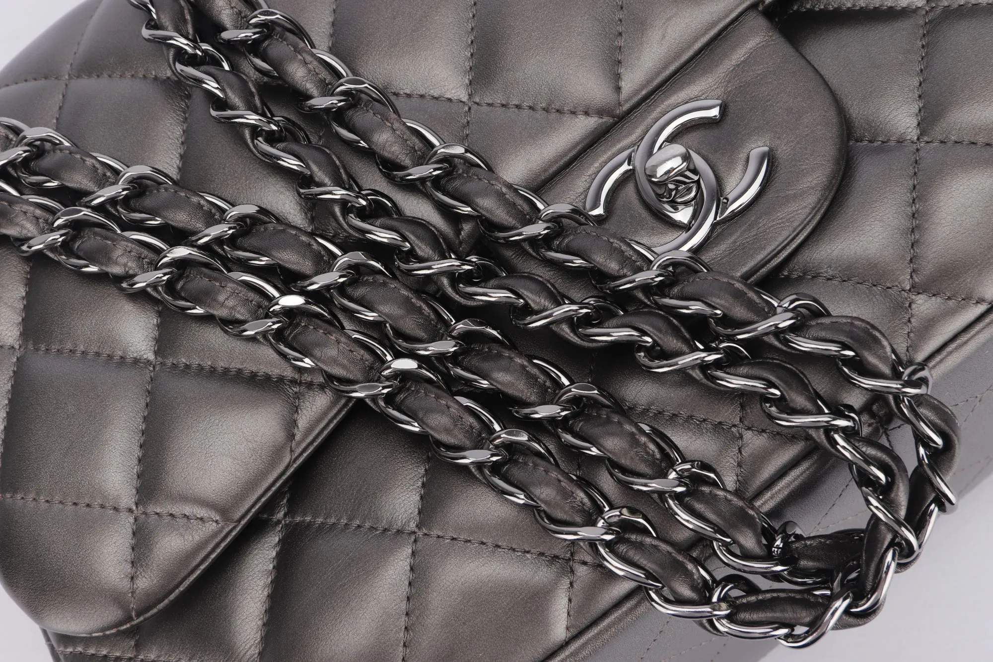 Chanel Classic Flap (1879xxxx) Jumbo Size, Metallic Grey Lambskin, Silver Hardware, with Dust Cover & Box, no Card