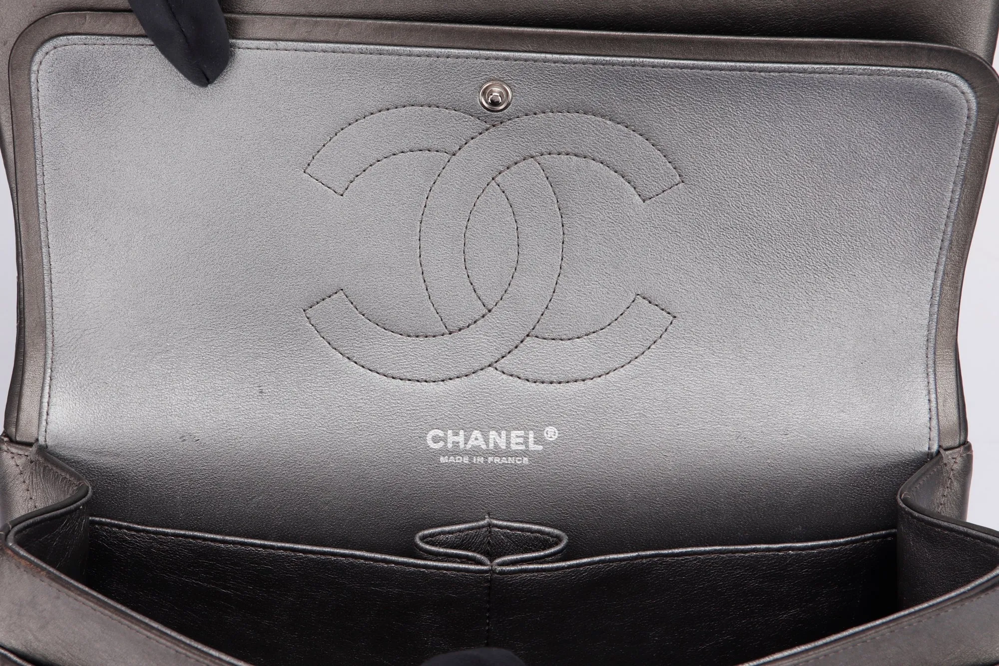 Chanel Classic Flap (1879xxxx) Jumbo Size, Metallic Grey Lambskin, Silver Hardware, with Dust Cover & Box, no Card