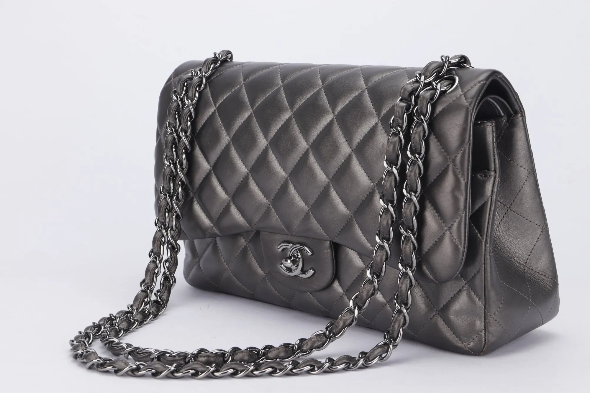 Chanel Classic Flap (1879xxxx) Jumbo Size, Metallic Grey Lambskin, Silver Hardware, with Dust Cover & Box, no Card