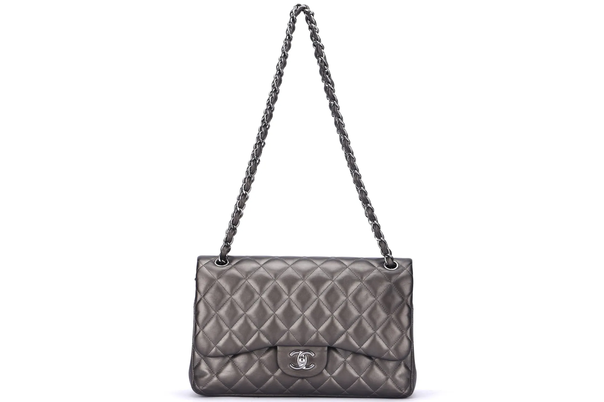 Chanel Classic Flap (1879xxxx) Jumbo Size, Metallic Grey Lambskin, Silver Hardware, with Dust Cover & Box, no Card