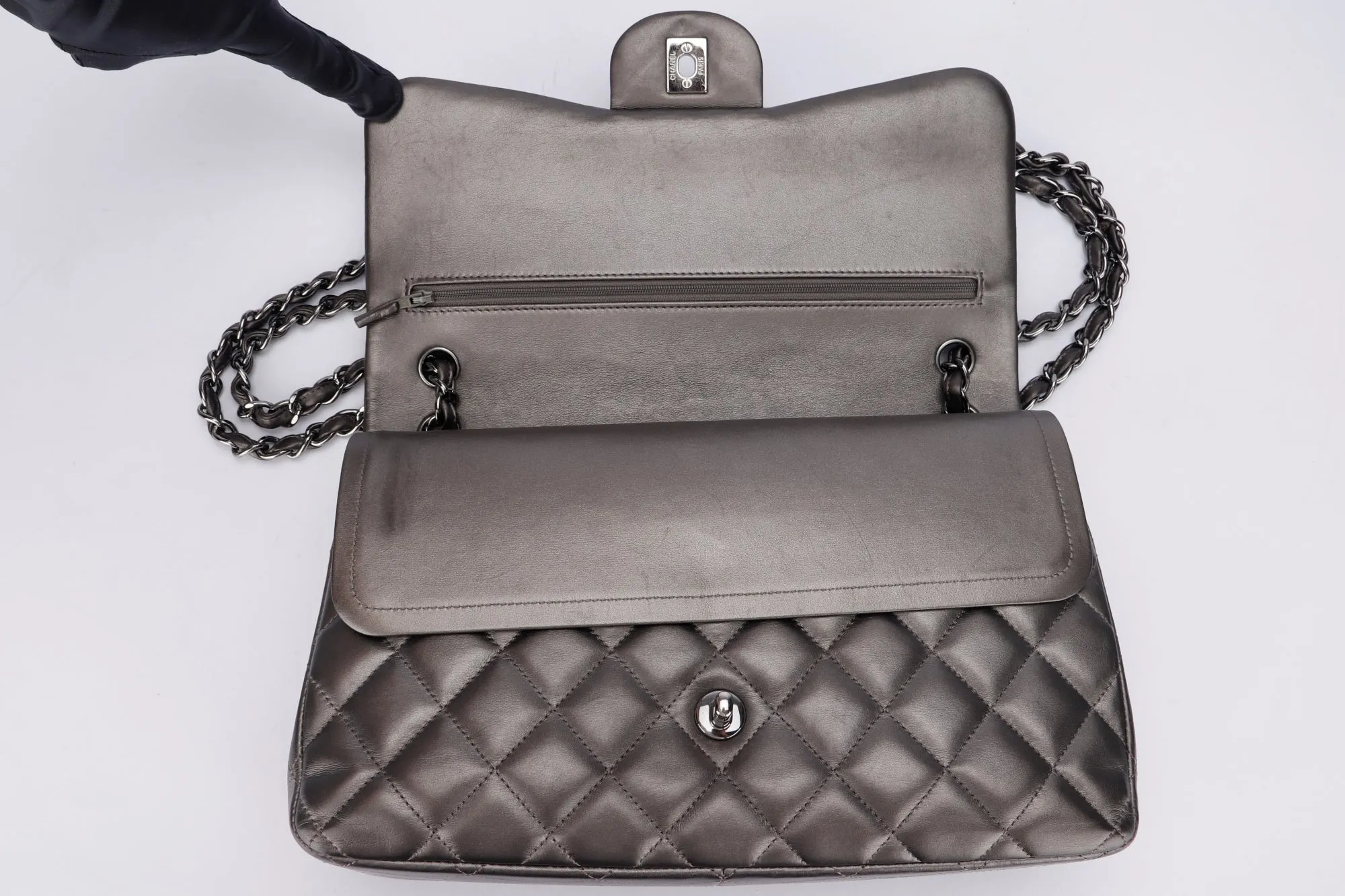 Chanel Classic Flap (1879xxxx) Jumbo Size, Metallic Grey Lambskin, Silver Hardware, with Dust Cover & Box, no Card