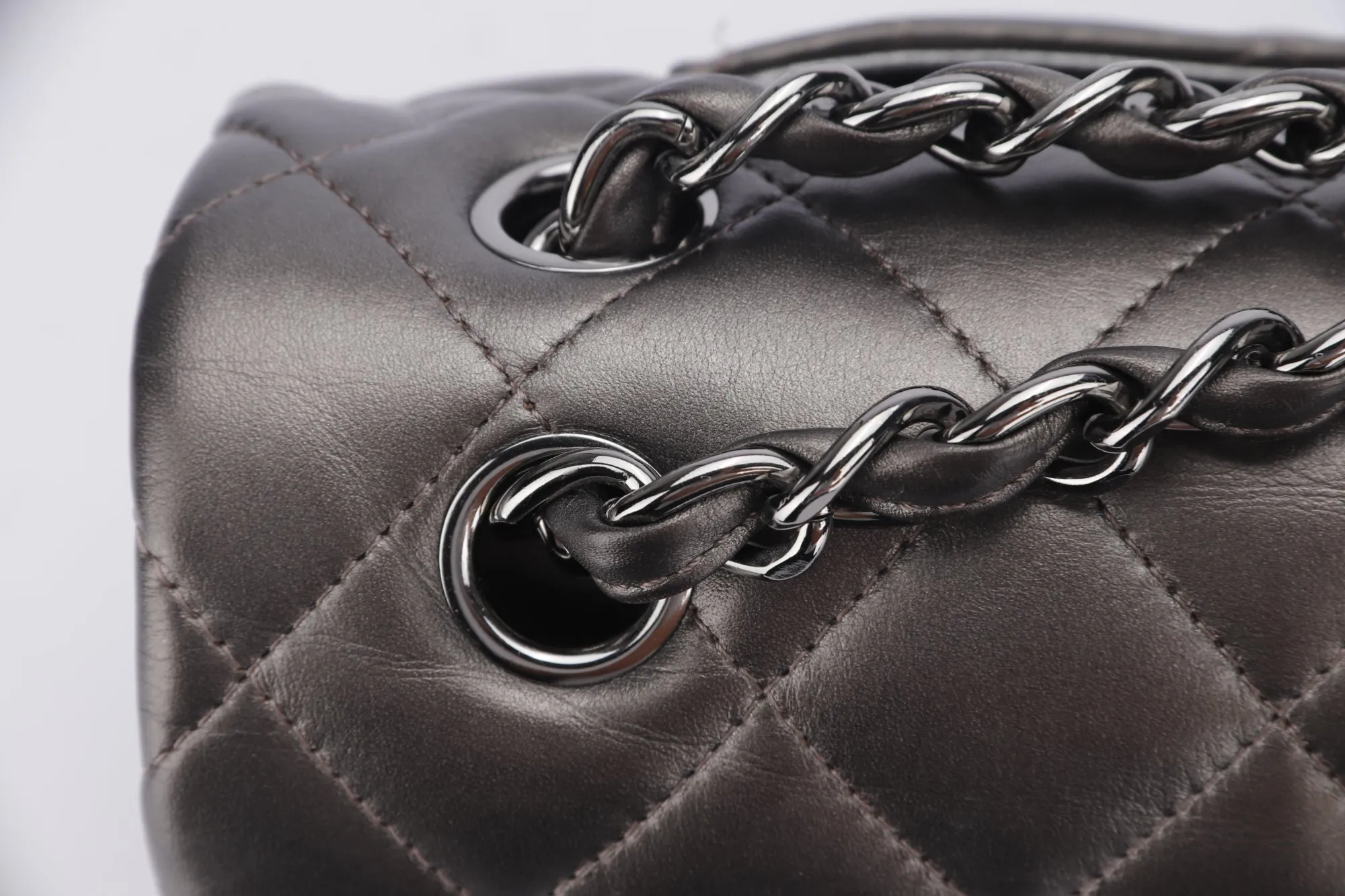 Chanel Classic Flap (1879xxxx) Jumbo Size, Metallic Grey Lambskin, Silver Hardware, with Dust Cover & Box, no Card