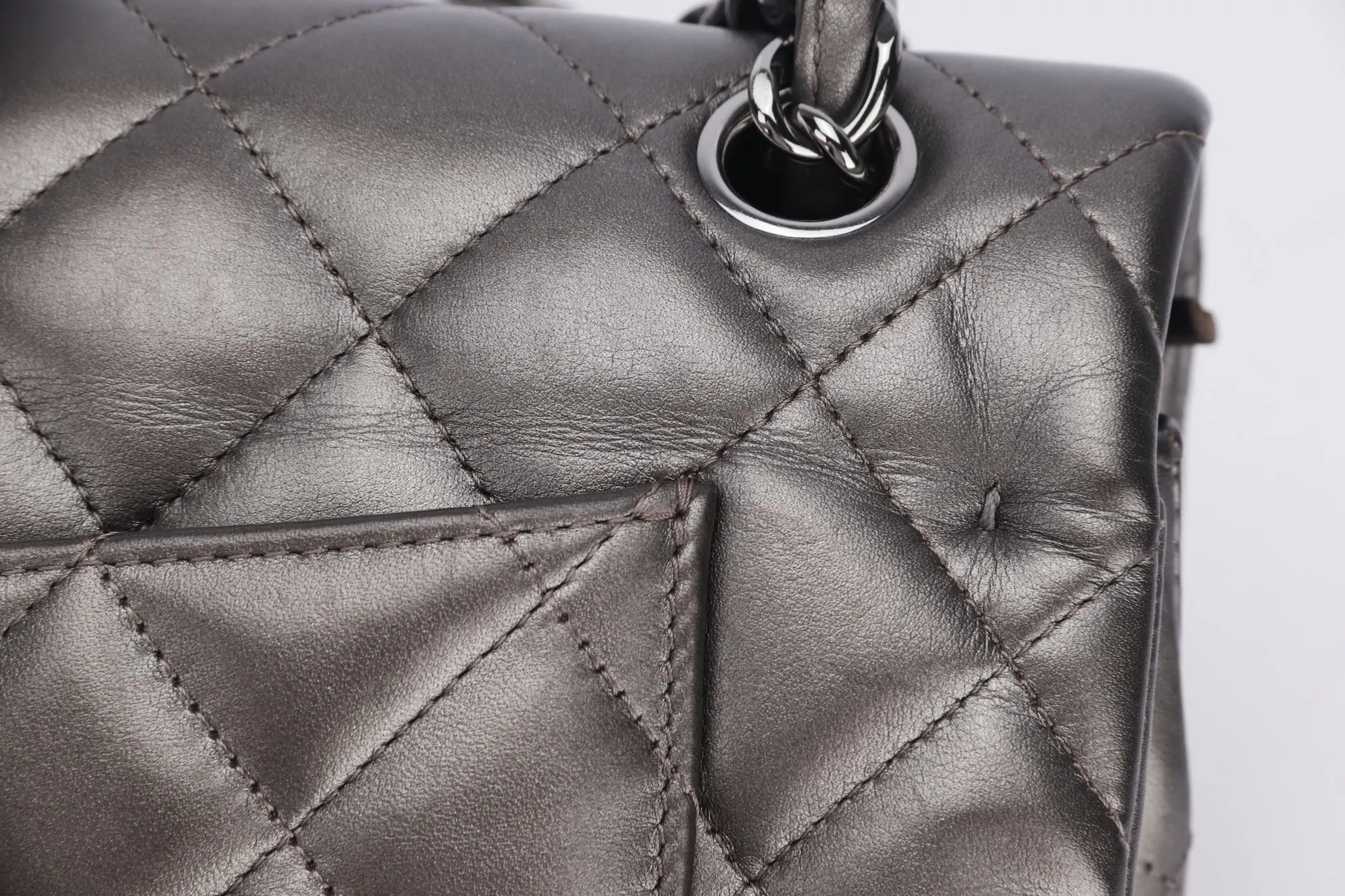 Chanel Classic Flap (1879xxxx) Jumbo Size, Metallic Grey Lambskin, Silver Hardware, with Dust Cover & Box, no Card