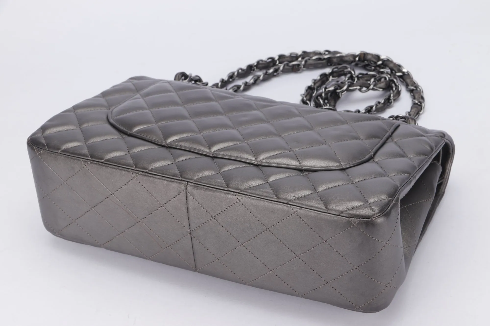 Chanel Classic Flap (1879xxxx) Jumbo Size, Metallic Grey Lambskin, Silver Hardware, with Dust Cover & Box, no Card