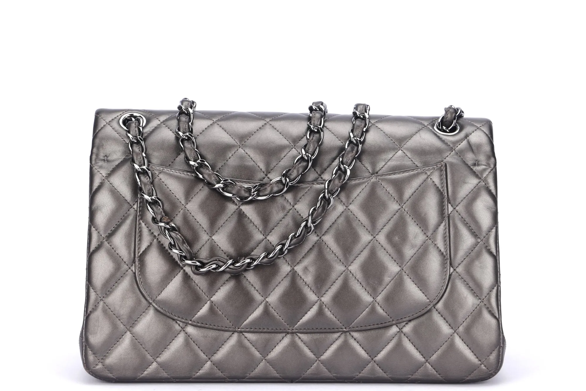 Chanel Classic Flap (1879xxxx) Jumbo Size, Metallic Grey Lambskin, Silver Hardware, with Dust Cover & Box, no Card