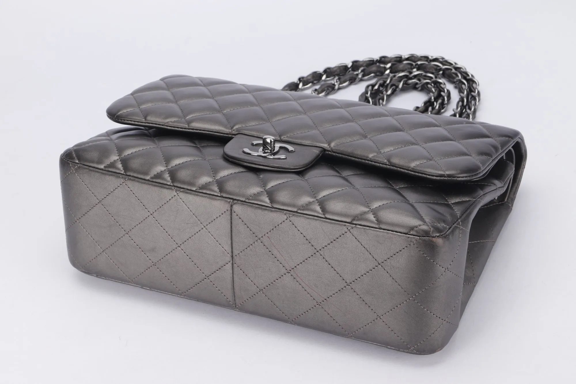 Chanel Classic Flap (1879xxxx) Jumbo Size, Metallic Grey Lambskin, Silver Hardware, with Dust Cover & Box, no Card