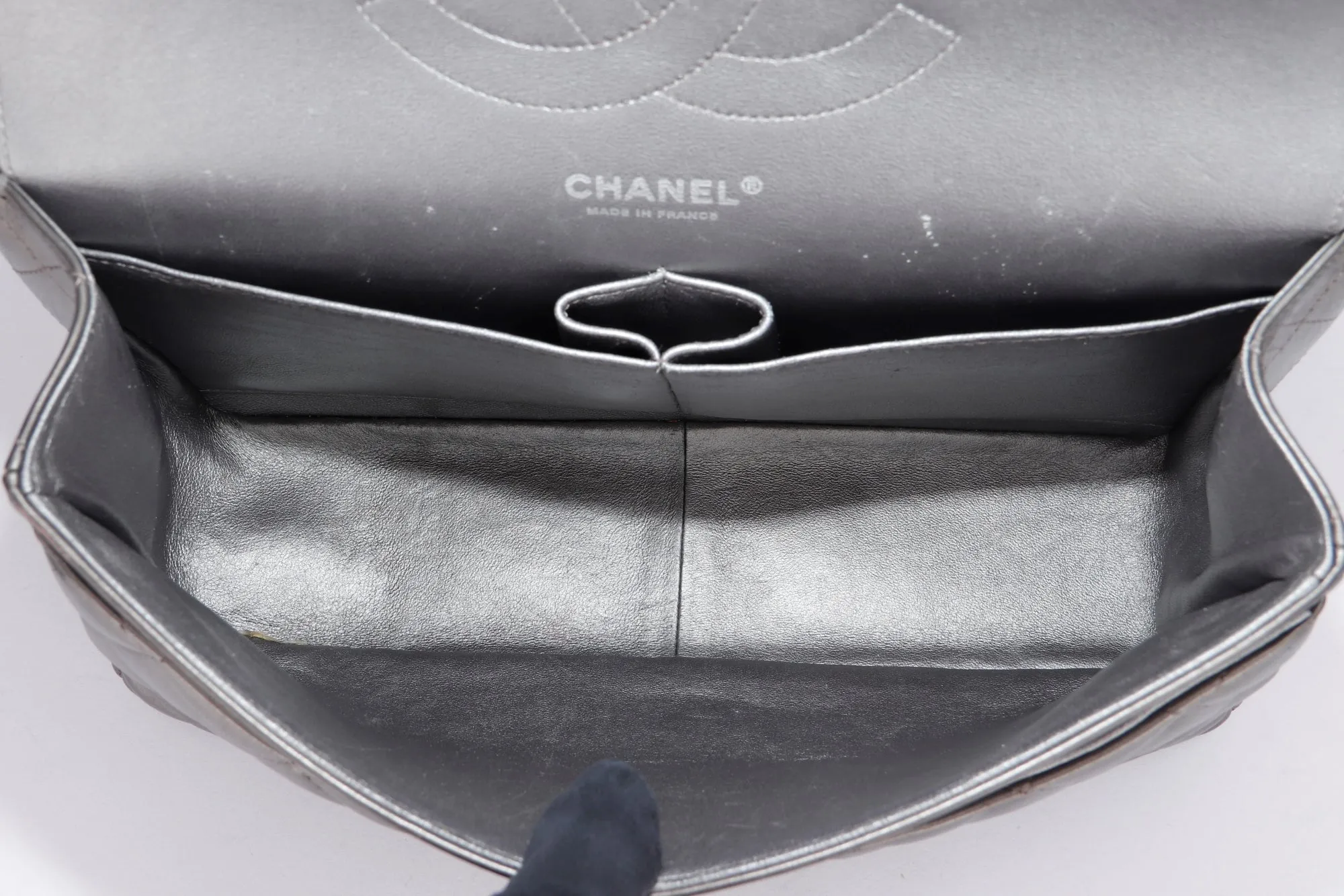 Chanel Classic Flap (1879xxxx) Jumbo Size, Metallic Grey Lambskin, Silver Hardware, with Dust Cover & Box, no Card