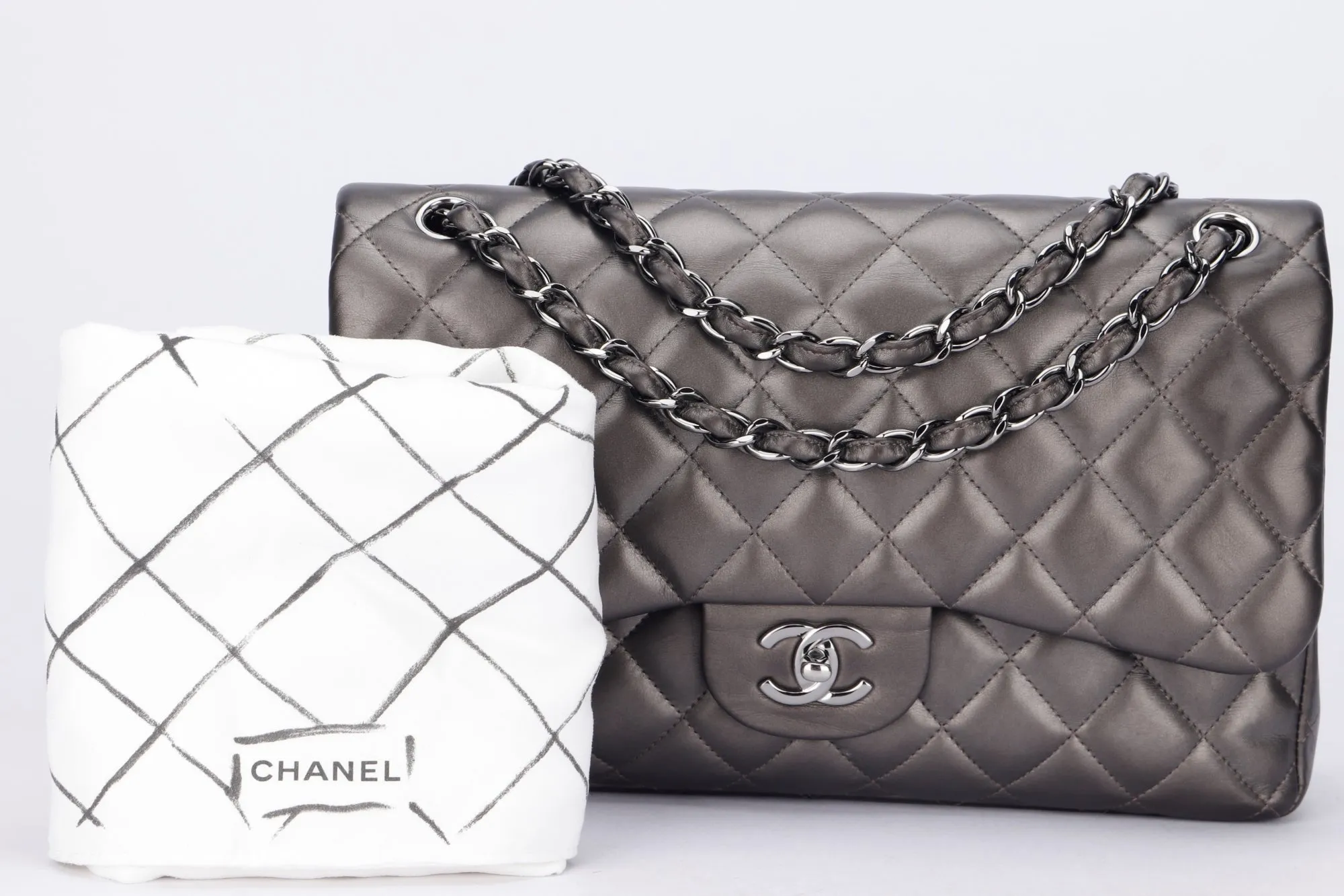 Chanel Classic Flap (1879xxxx) Jumbo Size, Metallic Grey Lambskin, Silver Hardware, with Dust Cover & Box, no Card