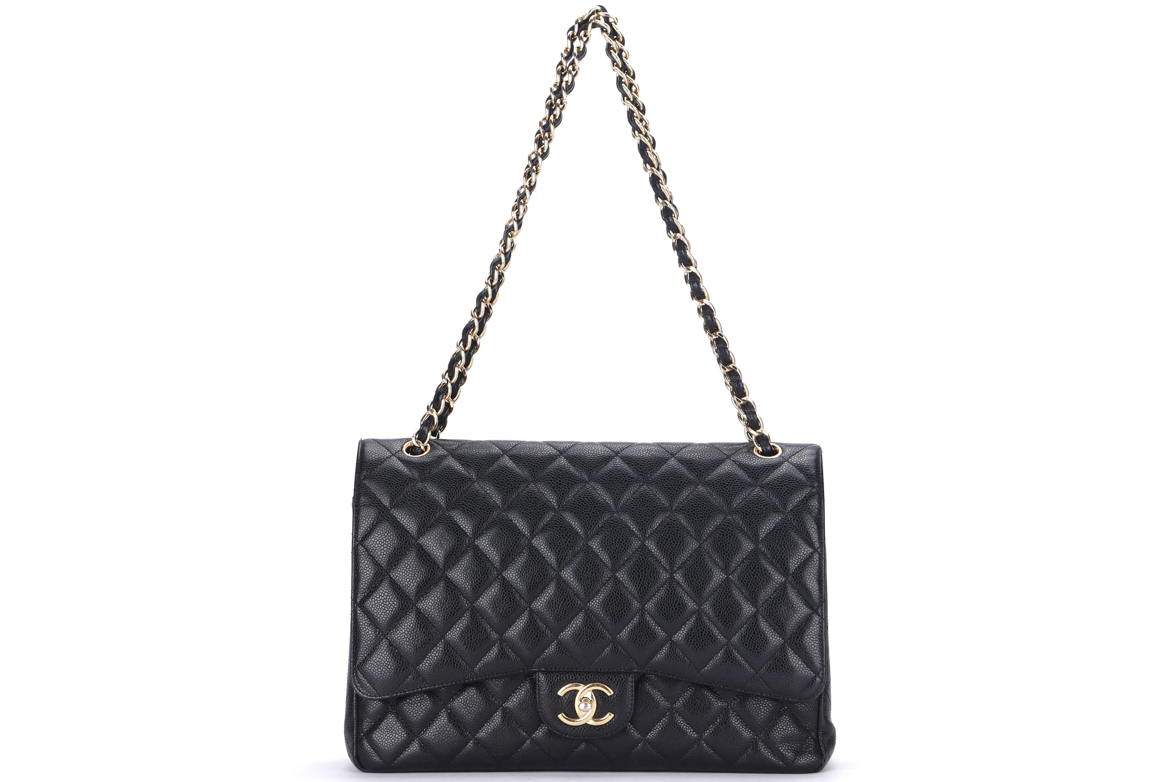 CHANEL CLASSIC FLAP MAXI (1971xxxx) BLACK CAVIAR LEATHER, GOLD HAREDWARE, WITH CARD, NO DUST COVER