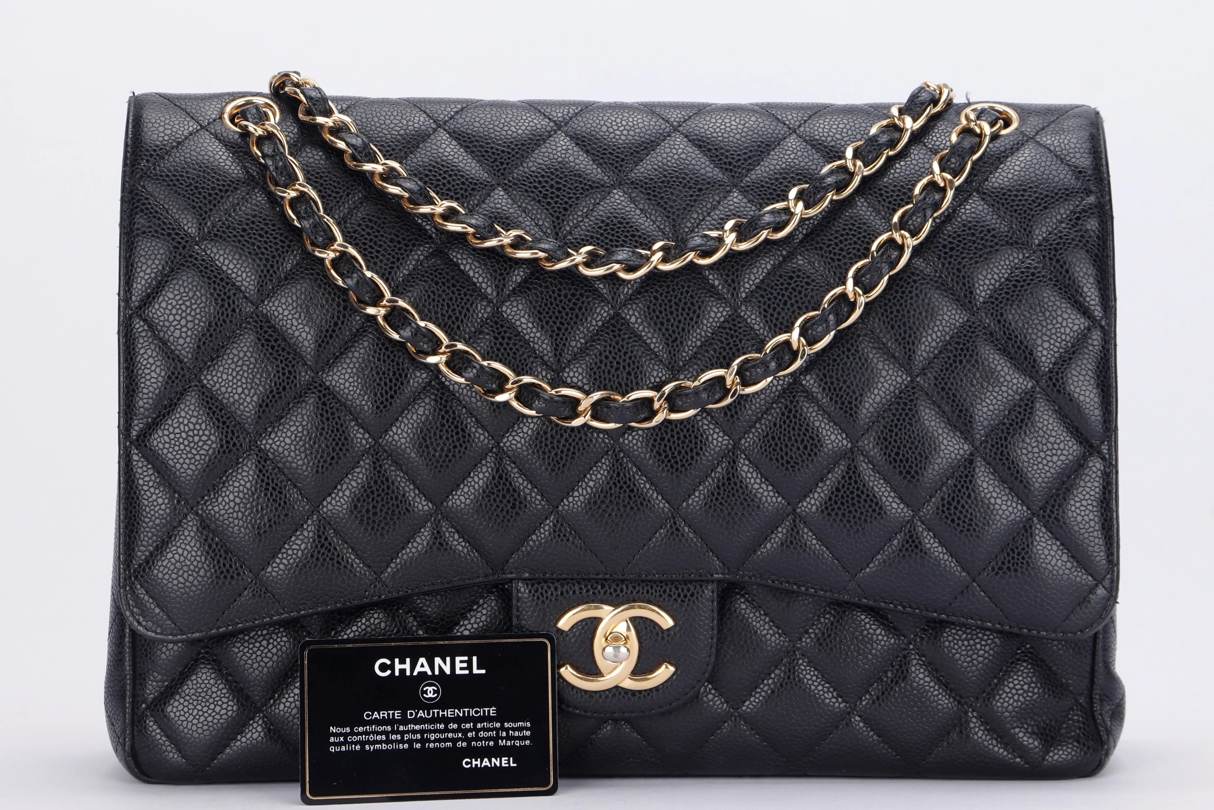 CHANEL CLASSIC FLAP MAXI (1971xxxx) BLACK CAVIAR LEATHER, GOLD HAREDWARE, WITH CARD, NO DUST COVER