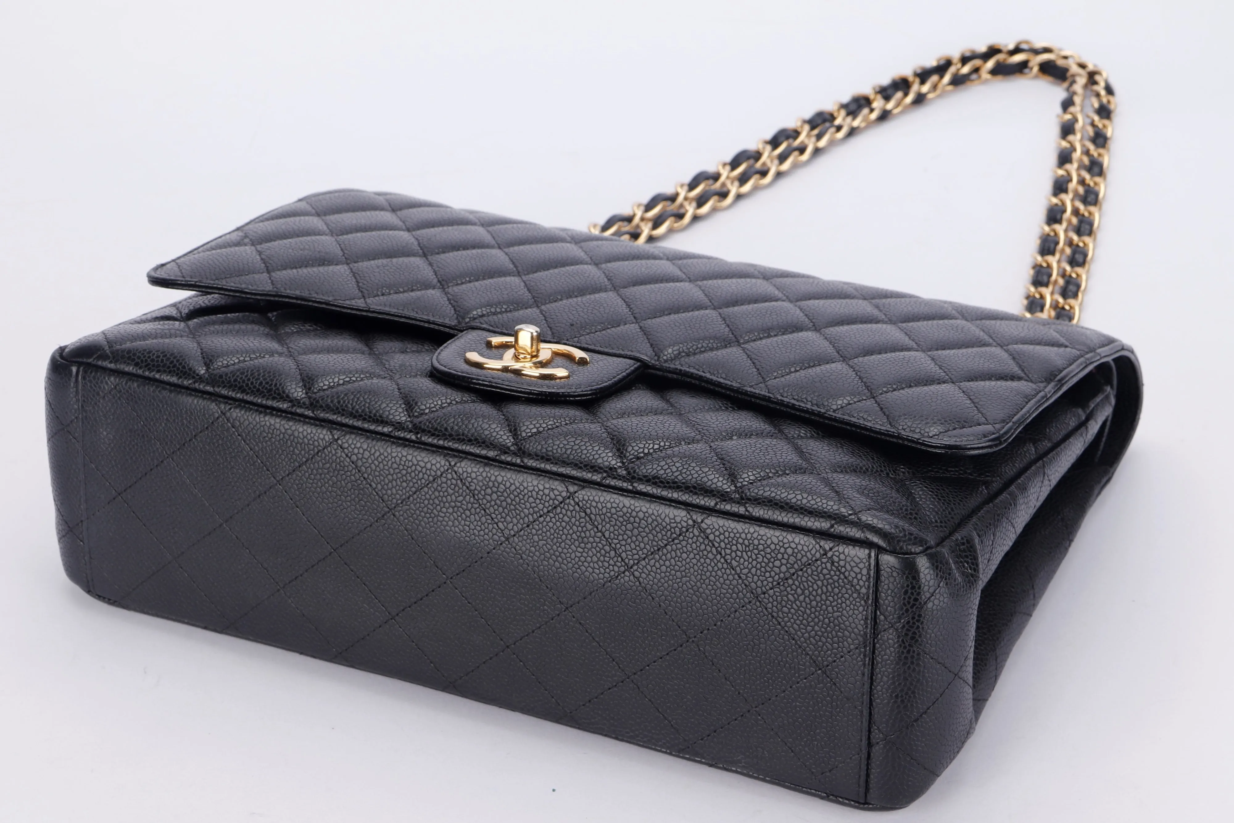 CHANEL CLASSIC FLAP MAXI (1971xxxx) BLACK CAVIAR LEATHER, GOLD HAREDWARE, WITH CARD, NO DUST COVER