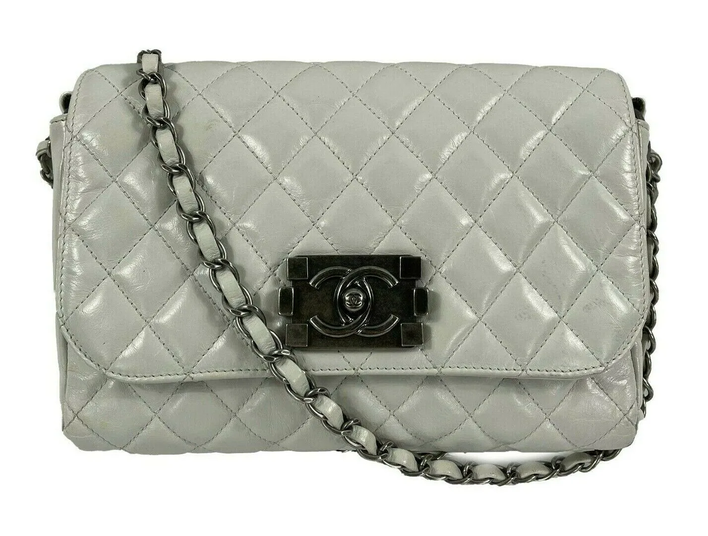 CHANEL - White / Aged-Silver CC Quilted Medium Leather Flap Crossbody / Shoulder