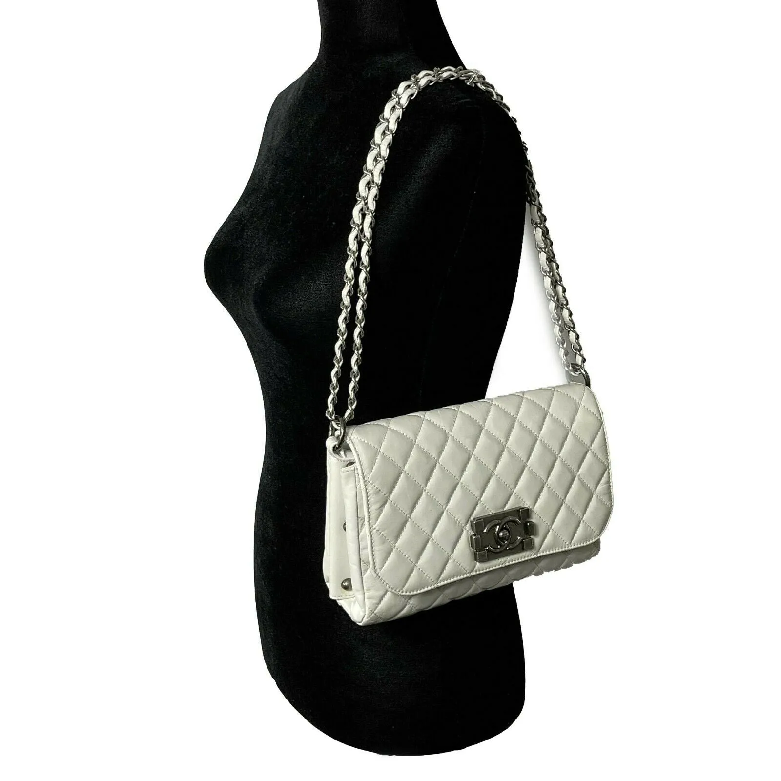 CHANEL - White / Aged-Silver CC Quilted Medium Leather Flap Crossbody / Shoulder