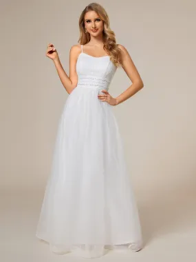 Classic Adjustable Spaghetti Strap Tulle Wedding Dress with Waist Paillette Chain