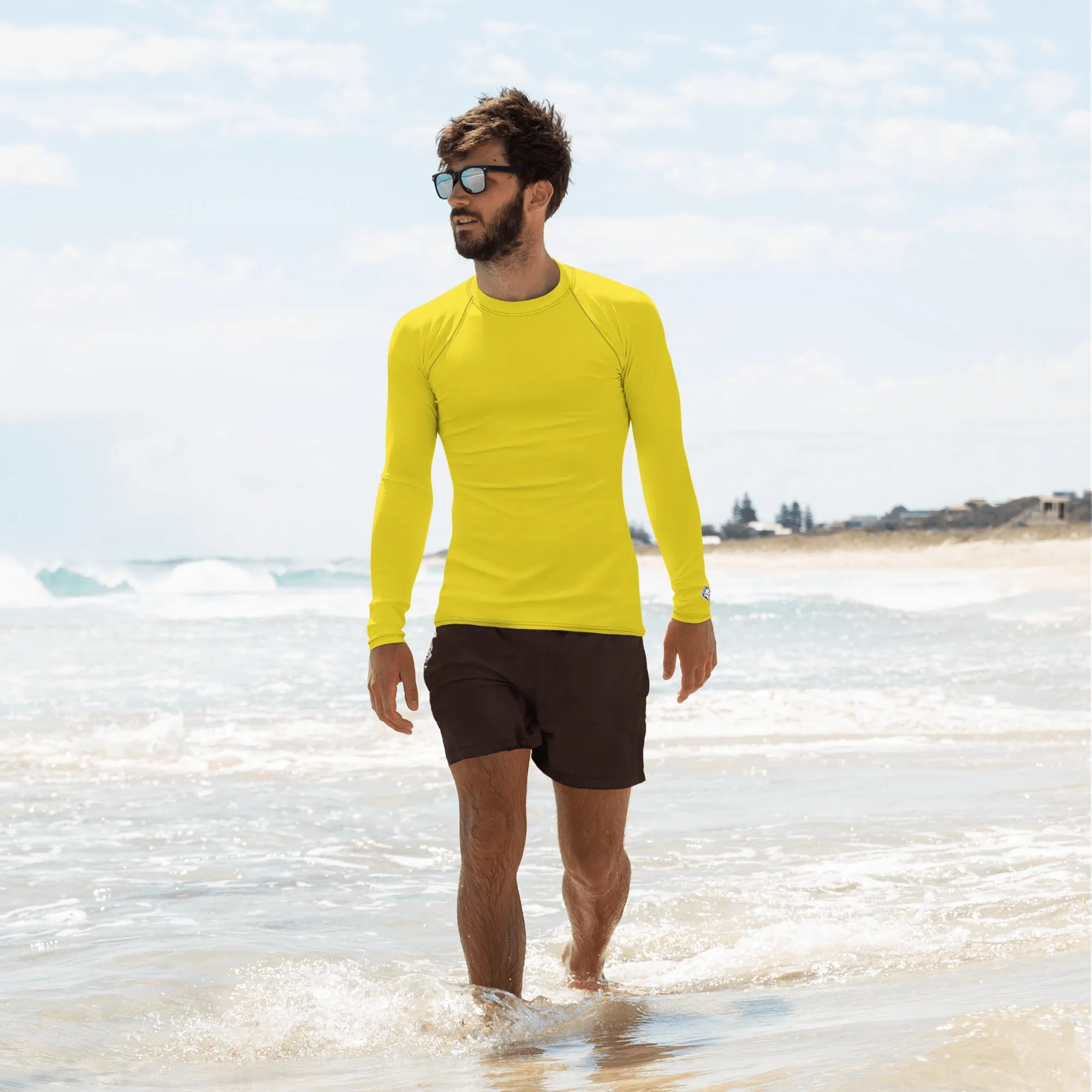 Classic Charm: Men's Solid Color Long Sleeve Rash Guard - Golden Sun