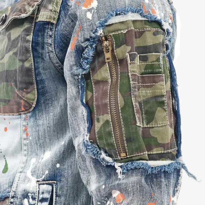 Copper Rivet Camo Ripped Denim Jacket (Light Sand Blue)