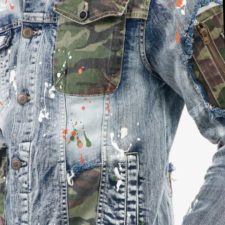 Copper Rivet Camo Ripped Denim Jacket (Light Sand Blue)