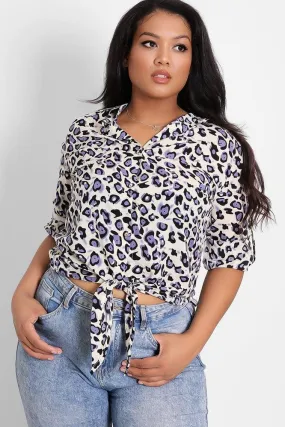 Cream And Lilac Leopard Front Tie Shirt