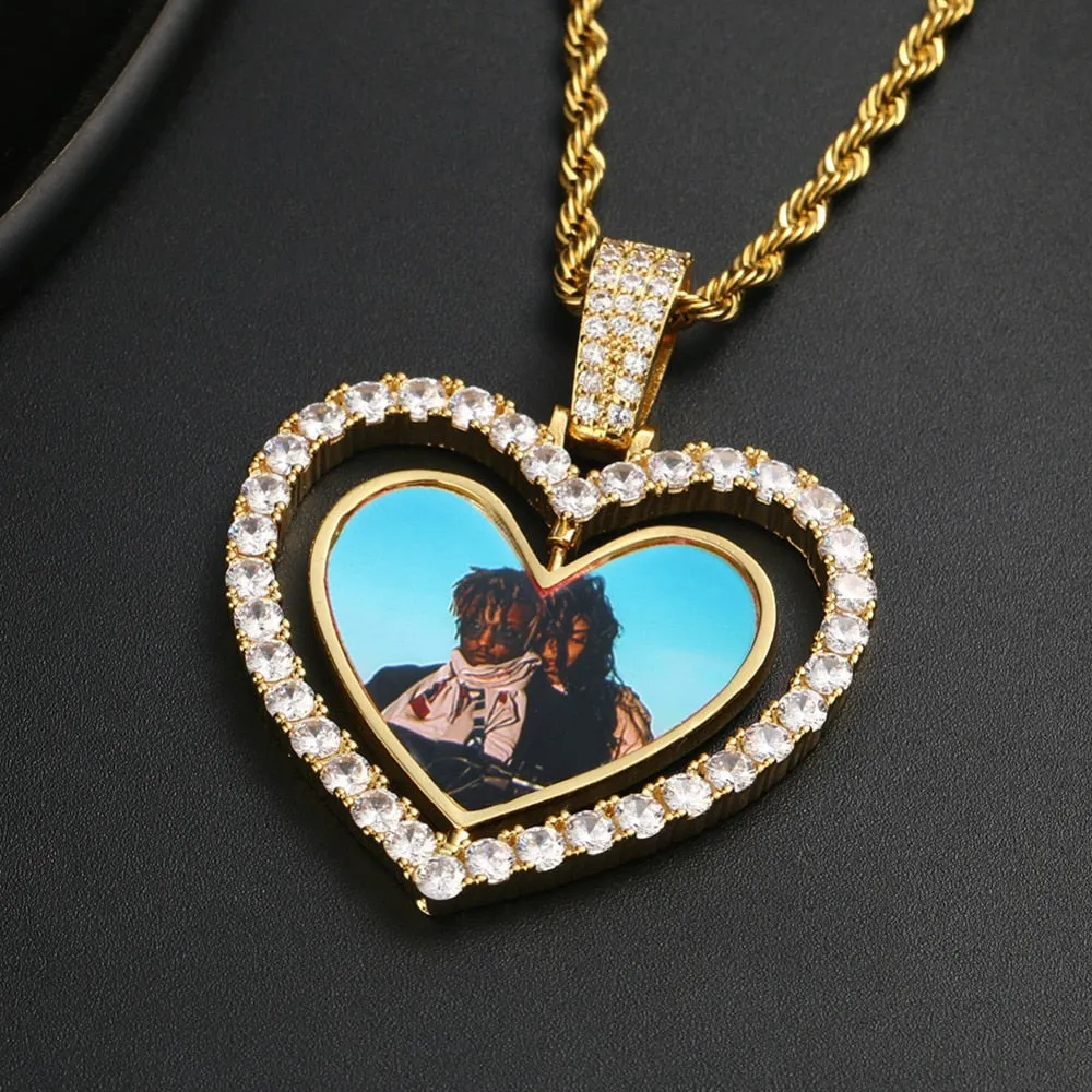 Custom Made Photo Heart Rotating Double-sided Medallions Necklace Christmas Gifts