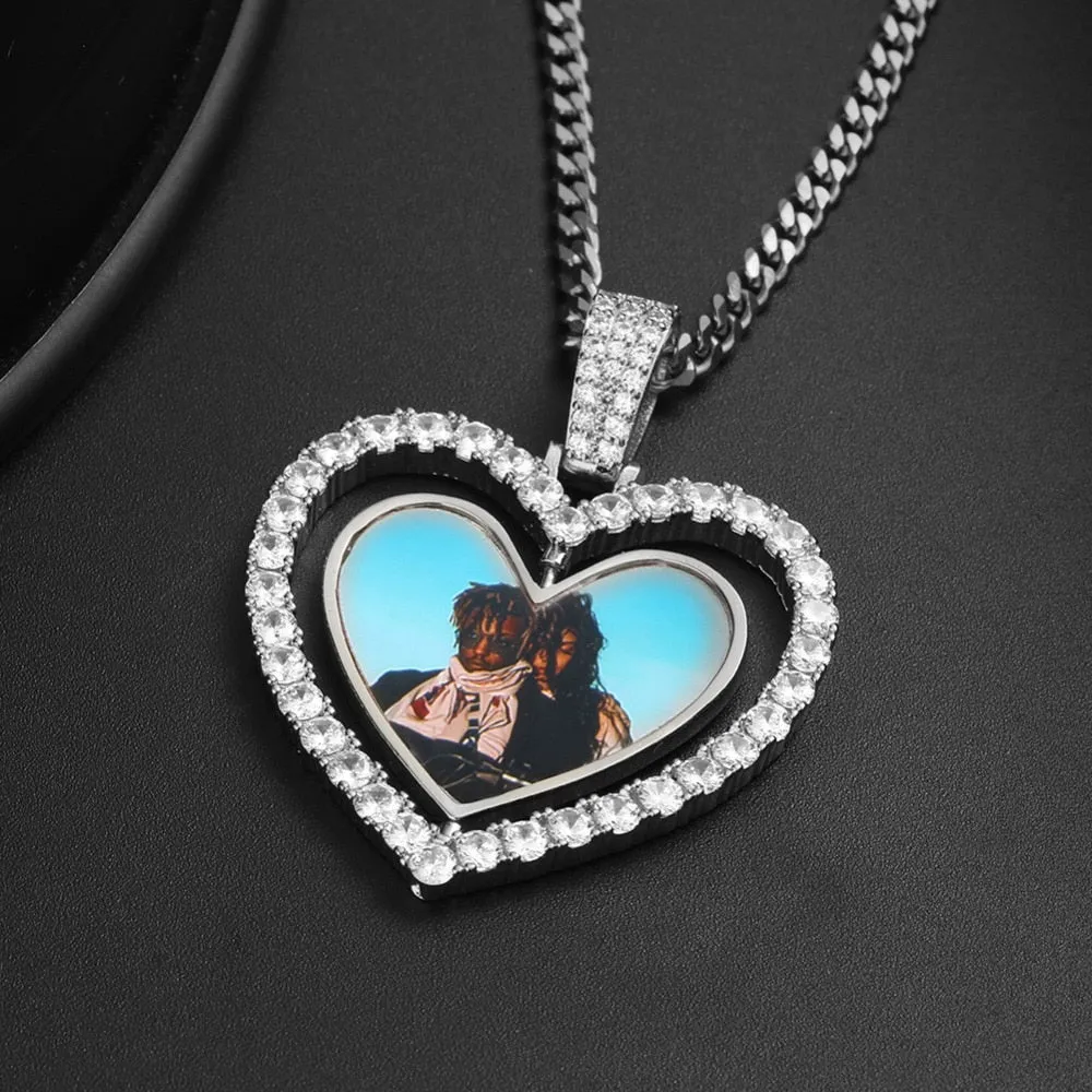 Custom Made Photo Heart Rotating Double-sided Medallions Necklace Christmas Gifts