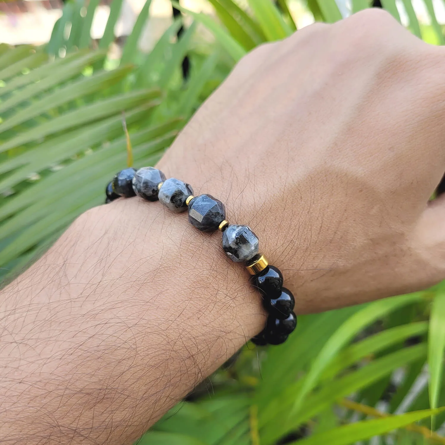 Diamond Cut Larvikite With Black Obsidian And Golden Hematite Bracelet