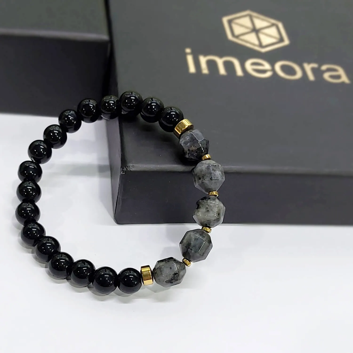 Diamond Cut Larvikite With Black Obsidian And Golden Hematite Bracelet