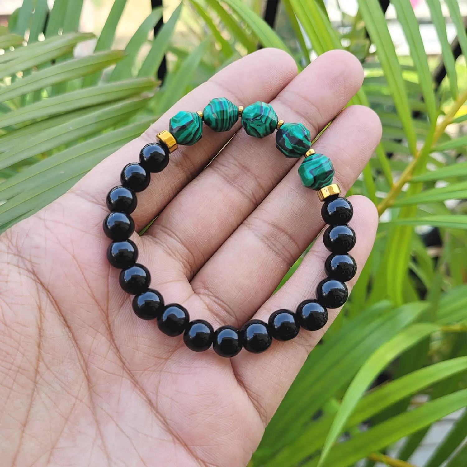 Diamond Cut Malachite Jade With Black Obsidian And Golden Hematite Bracelet