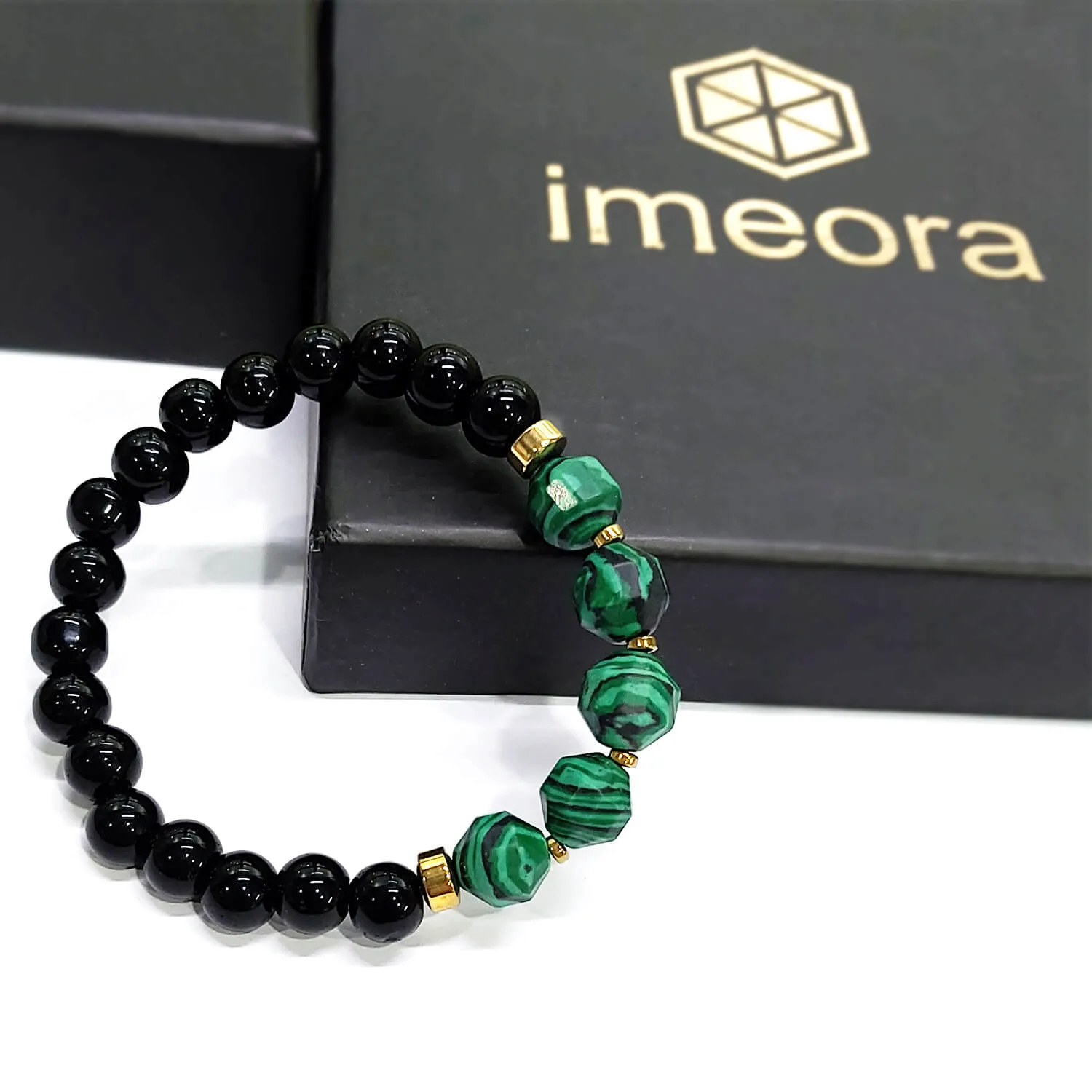 Diamond Cut Malachite Jade With Black Obsidian And Golden Hematite Bracelet