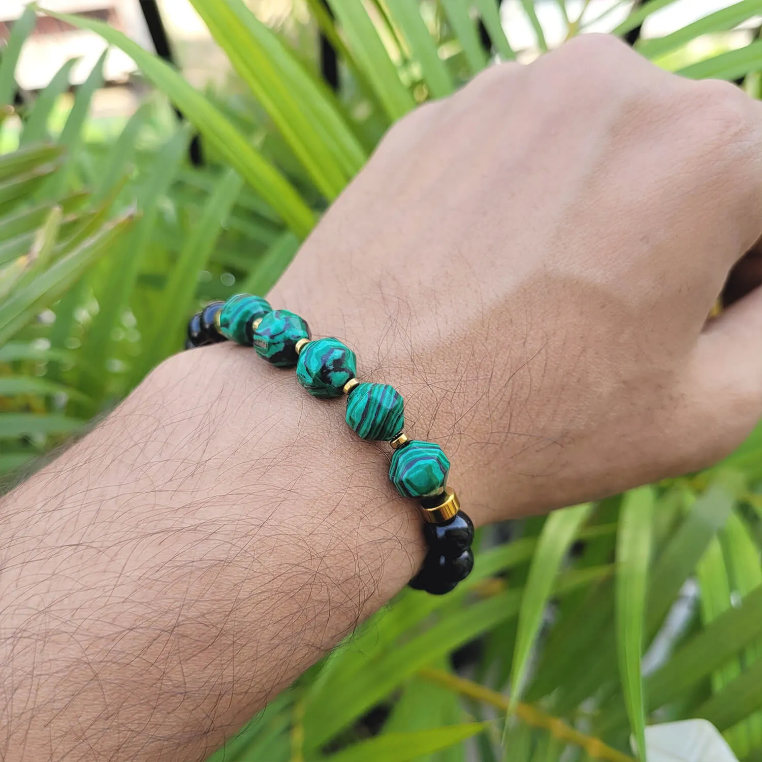 Diamond Cut Malachite Jade With Black Obsidian And Golden Hematite Bracelet