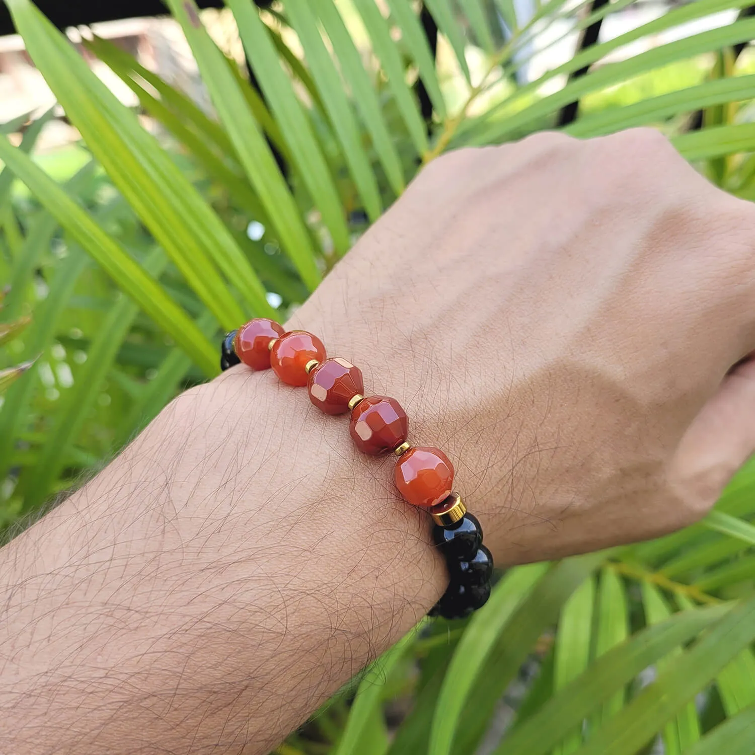 Diamond Cut Red Carnelian With Black Obsidian And Golden Hematite Bracelet