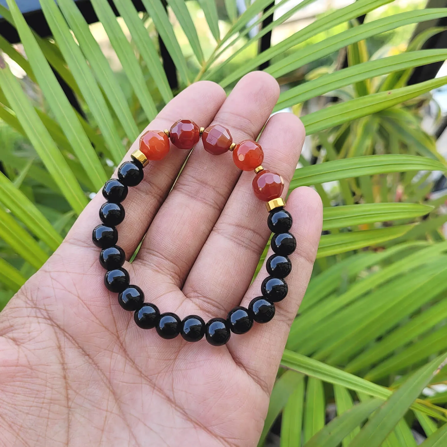 Diamond Cut Red Carnelian With Black Obsidian And Golden Hematite Bracelet