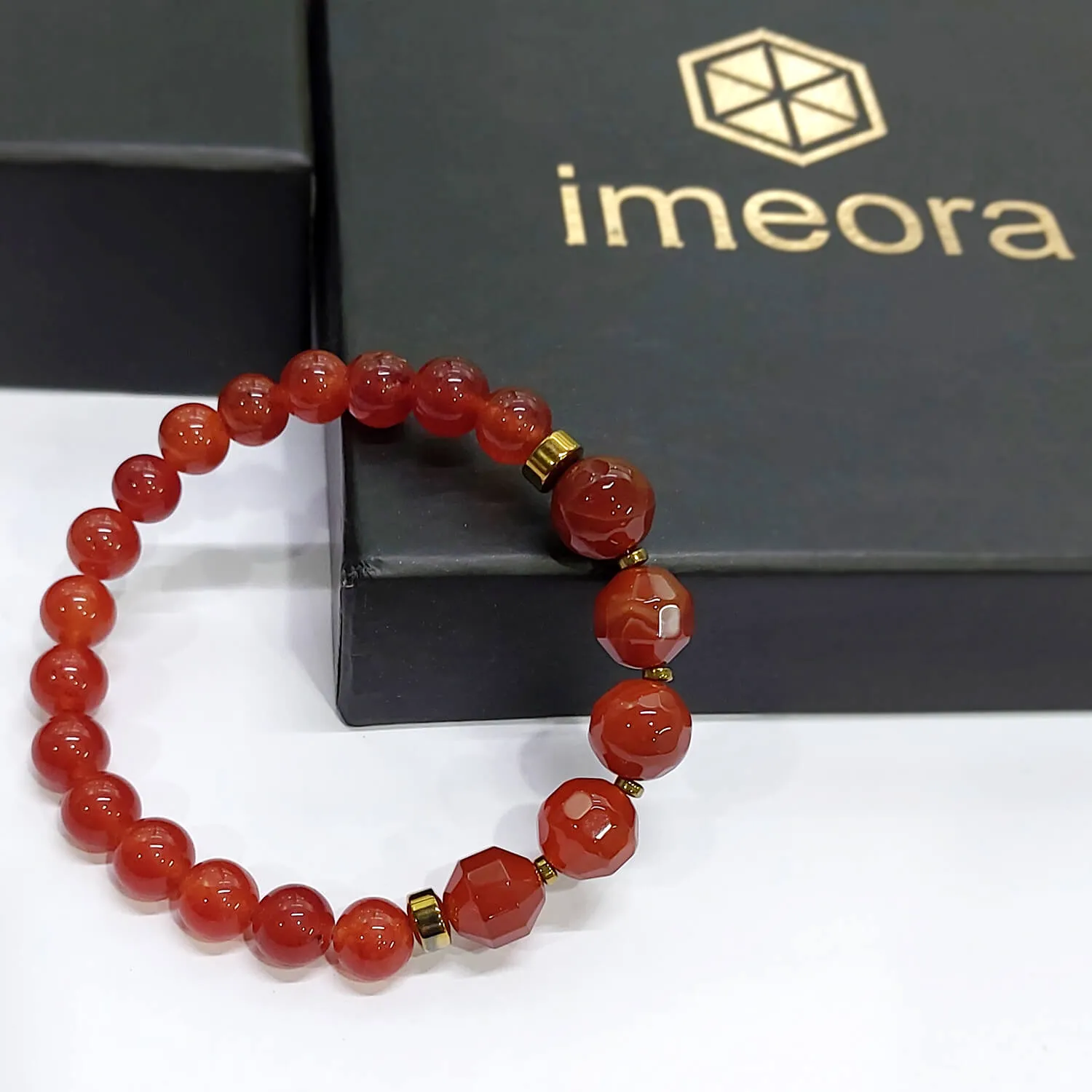 Diamond Cut Red Carnelian With Golden Hematite Natural Stone Bracelet