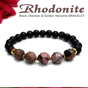 Diamond Cut Rhodonite With Black Obsidian And Golden Hematite Bracelet