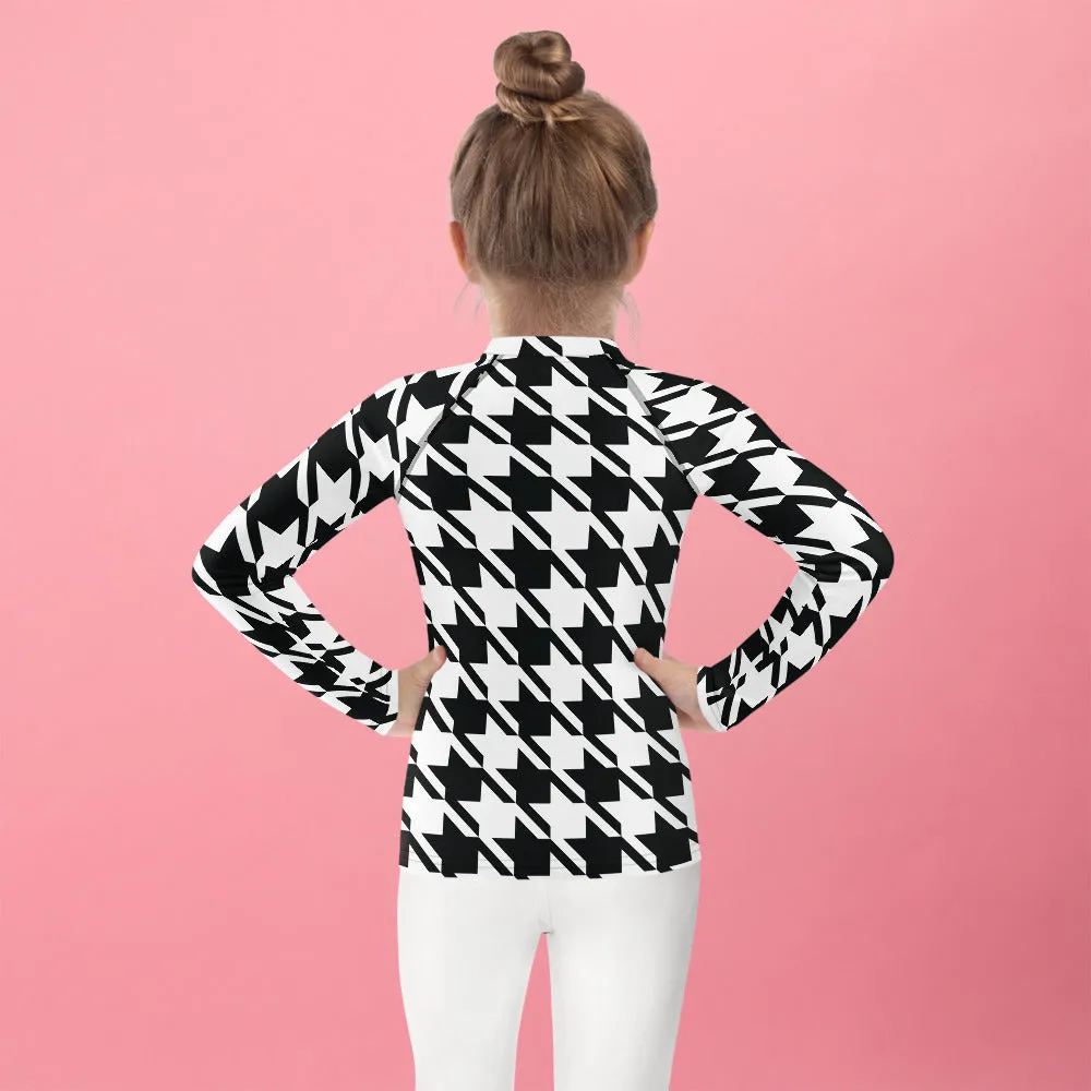 Elevate Your Workout: Girl's Houndstooth Long Sleeve Rash Guard