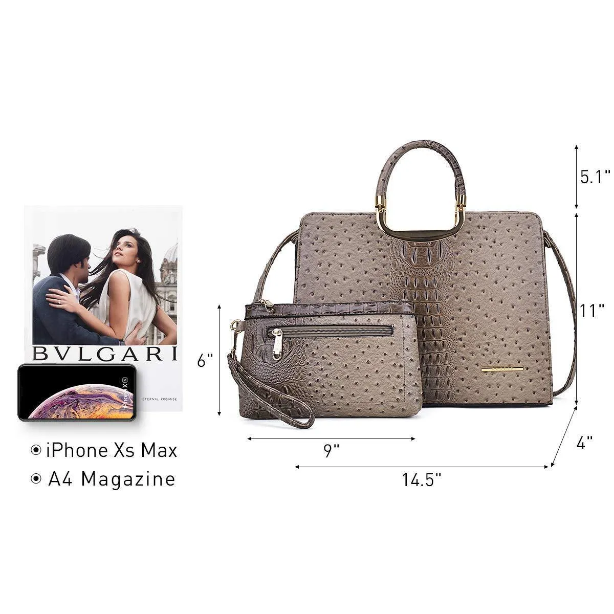 Embossed Pattern Top Handle Handbag with Matching Wallet