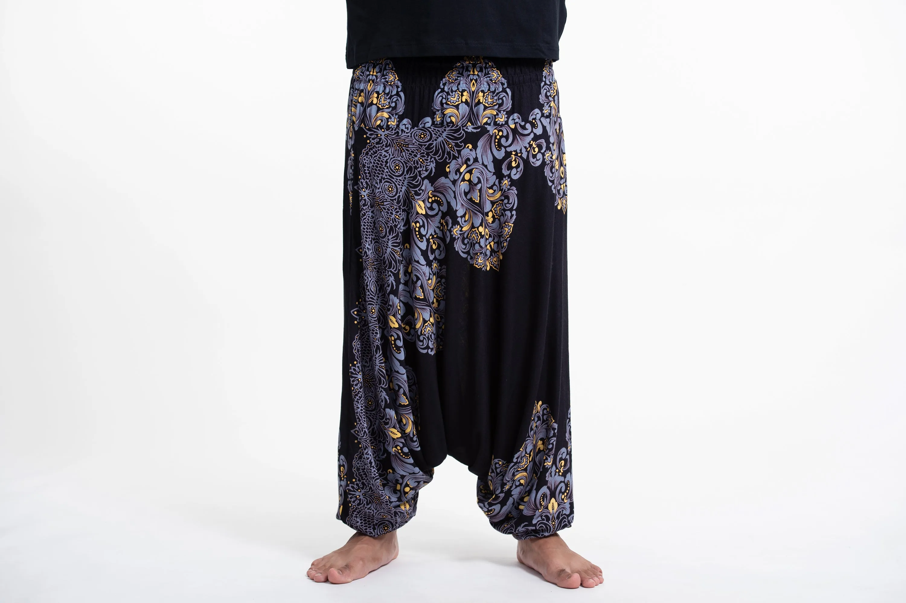 Floral Vines Drop Crotch Men's Harem Pants in Black