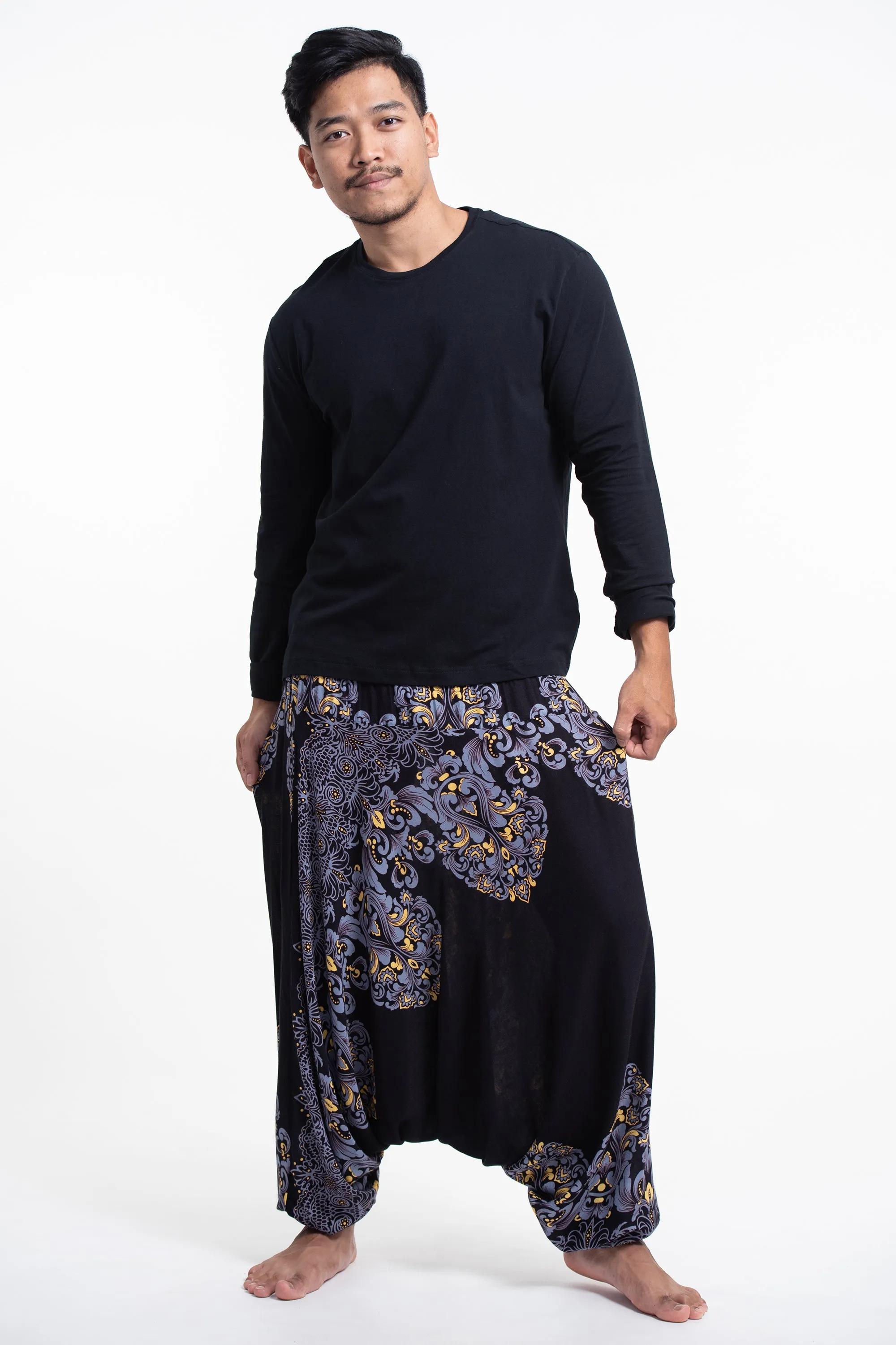 Floral Vines Drop Crotch Men's Harem Pants in Black