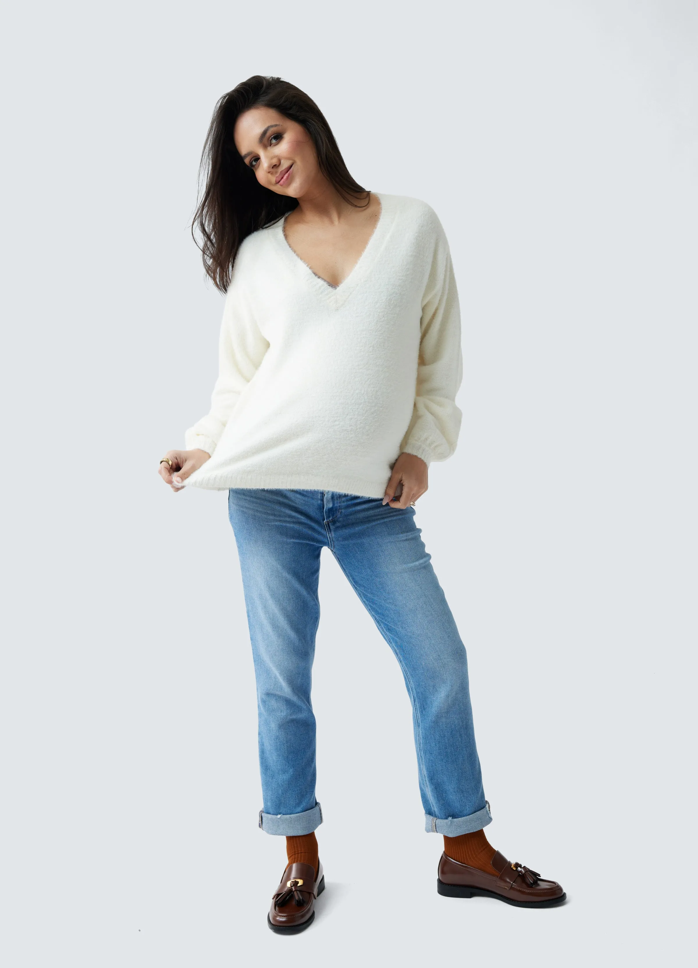 Fluffy V-Neck Maternity Sweater