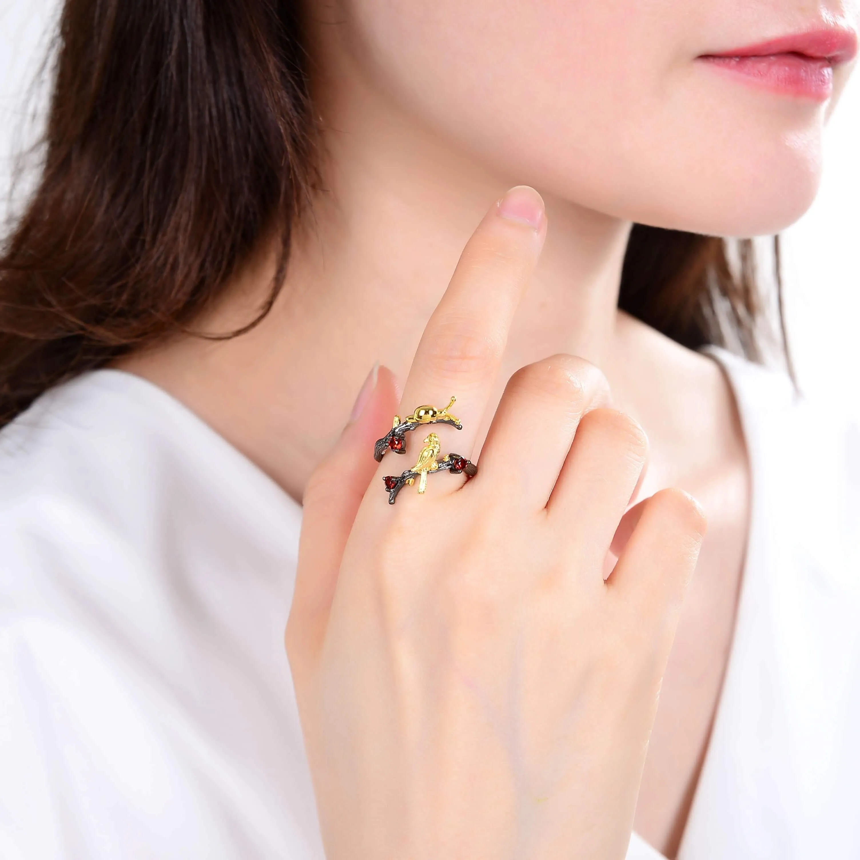 Garnet Snail and Bird Fashion Ring