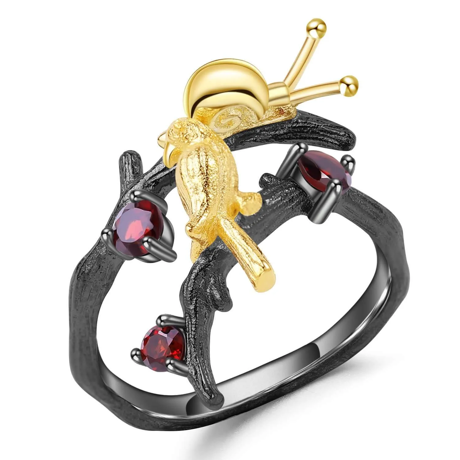 Garnet Snail and Bird Fashion Ring