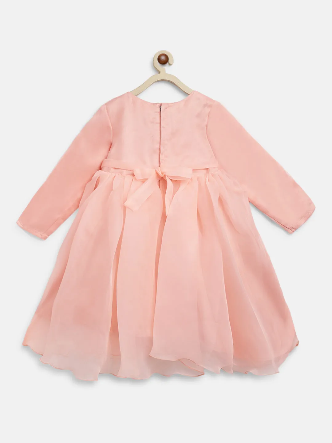 Girls Peach Polyester Elbow Sleeve Regular Fit Solid Dress