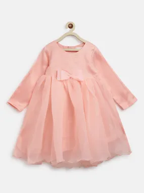 Girls Peach Polyester Elbow Sleeve Regular Fit Solid Dress