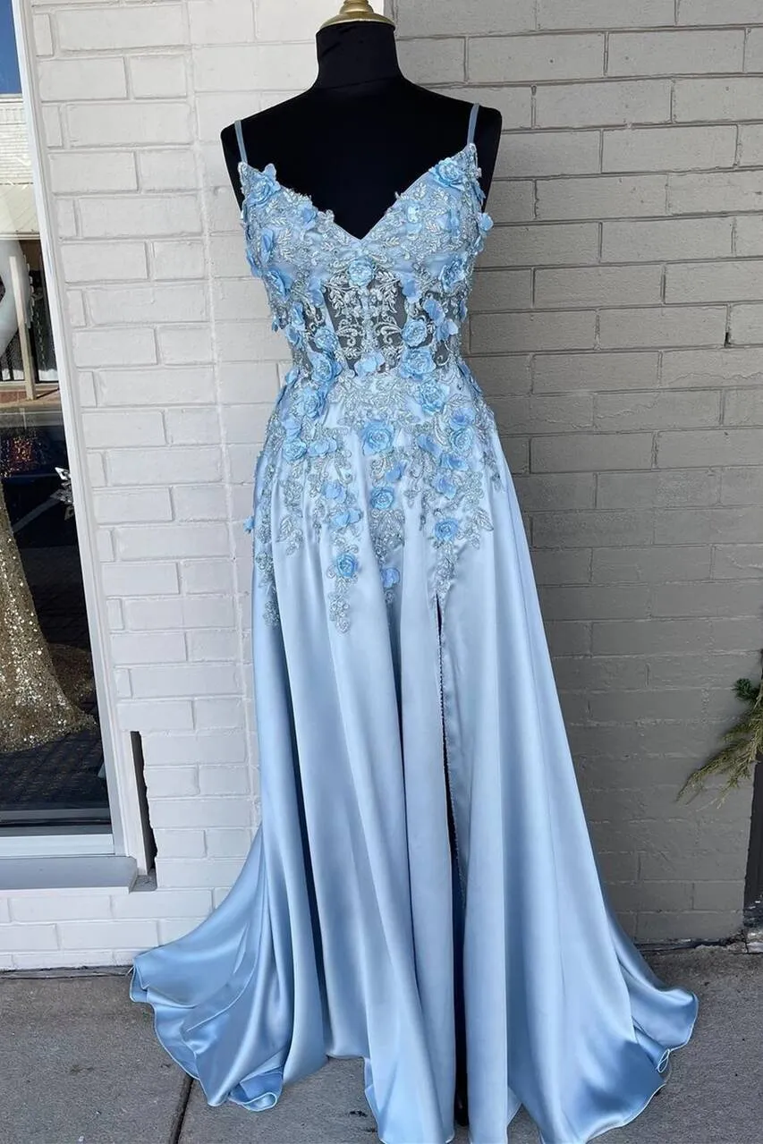 Light Blue A-line 3D Flowers Satin Long Prom Dress SH385