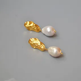 Long drop gold baroque pearl earrings