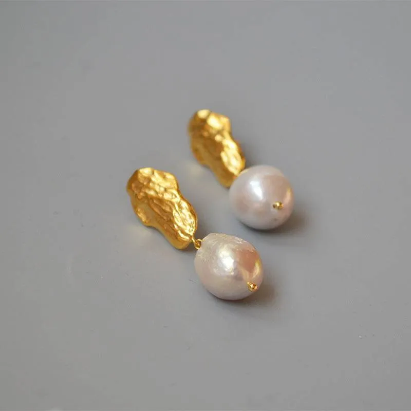 Long drop gold baroque pearl earrings