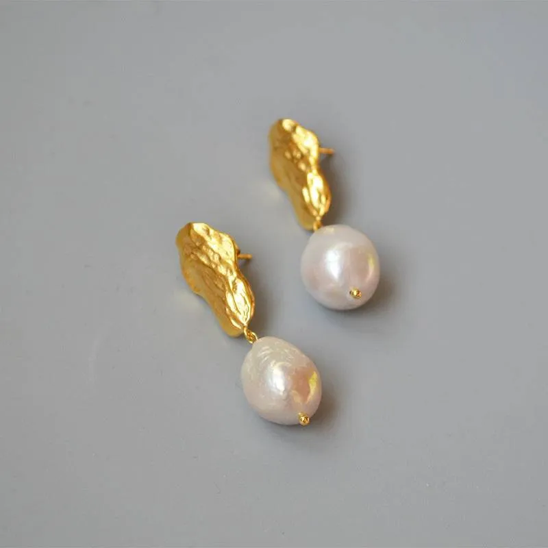 Long drop gold baroque pearl earrings